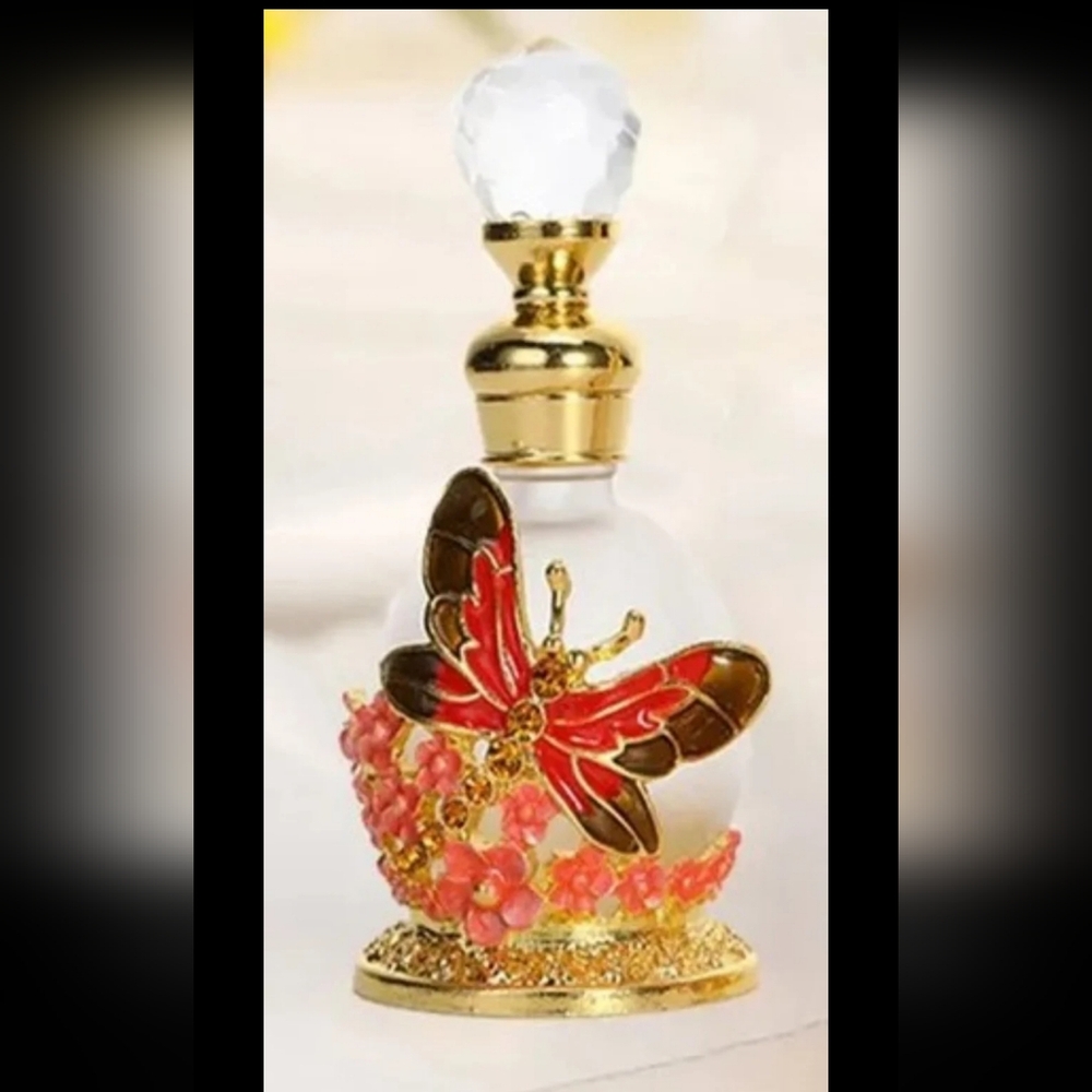 Vintage red and pink dragonfly perfume or essential oil bottle15 ml